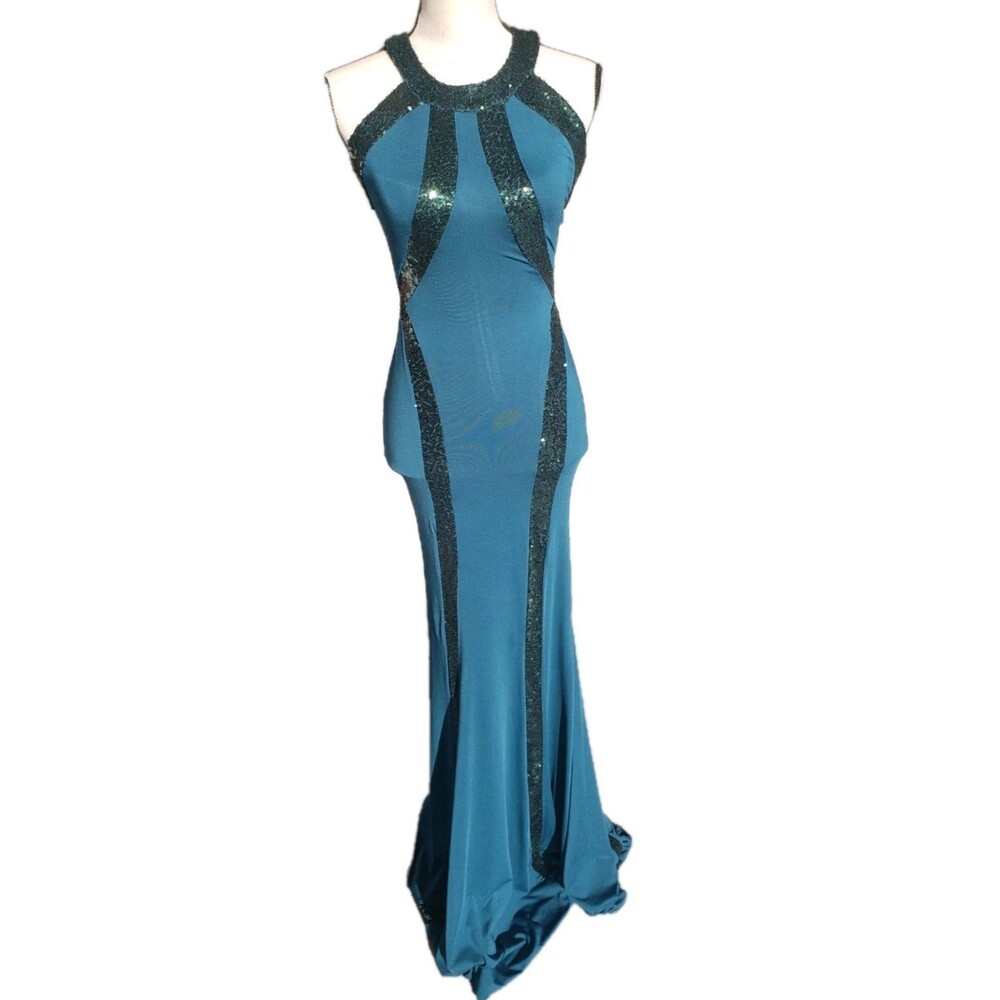 Vtg Faviana Turquoise Green Sequin Jersey Long Dress Style 7510 Size 00